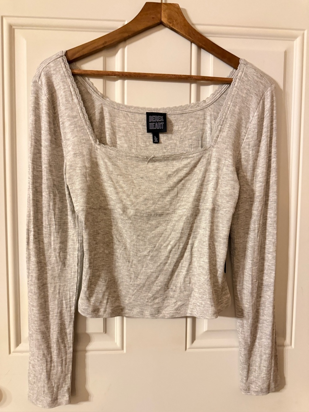 Derek Heart Light Gray Ribbed Long-Sleeve Scoop Neck Top
